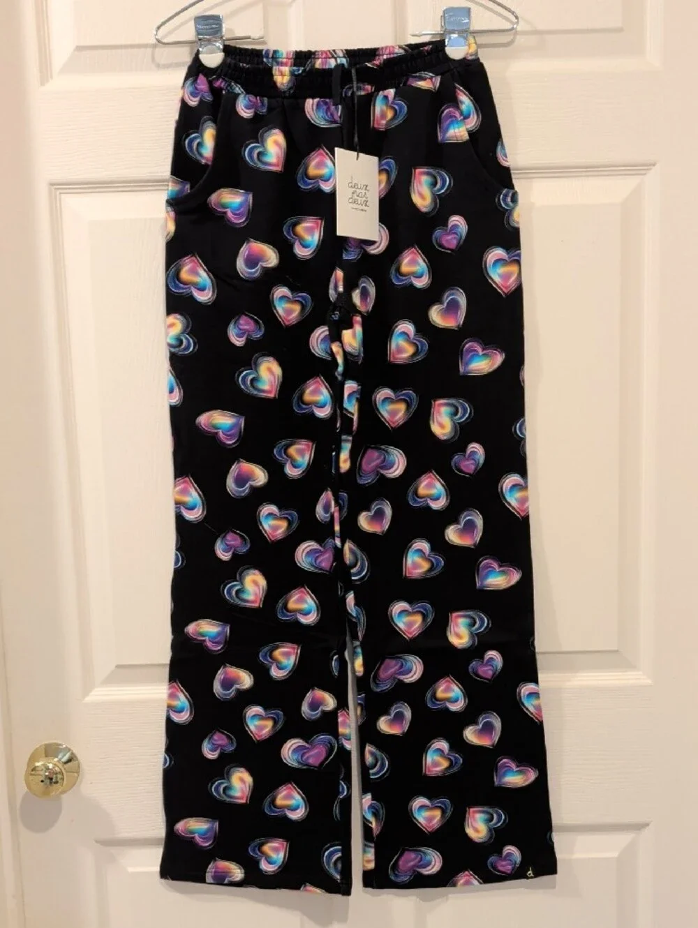 deux par deux Black Hoodie & Bottoms with Rainbow Hearts is cozy & cheerful! NWT